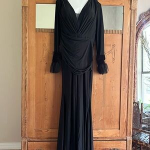 Black Long-Sleeve Evening Gown with Tulle Cuff Detail